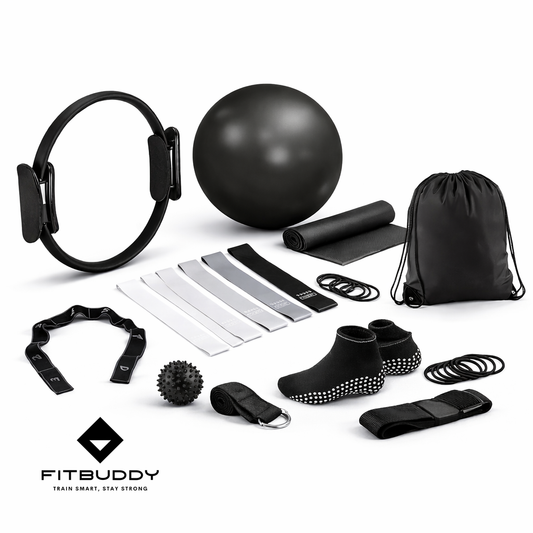 Fitbuddy® 18-Delige Pilates Set – Pilates Ring, Weerstandsbanden & Accessoires – Thuis Fitness & Core Training – Incl. Opbergtas